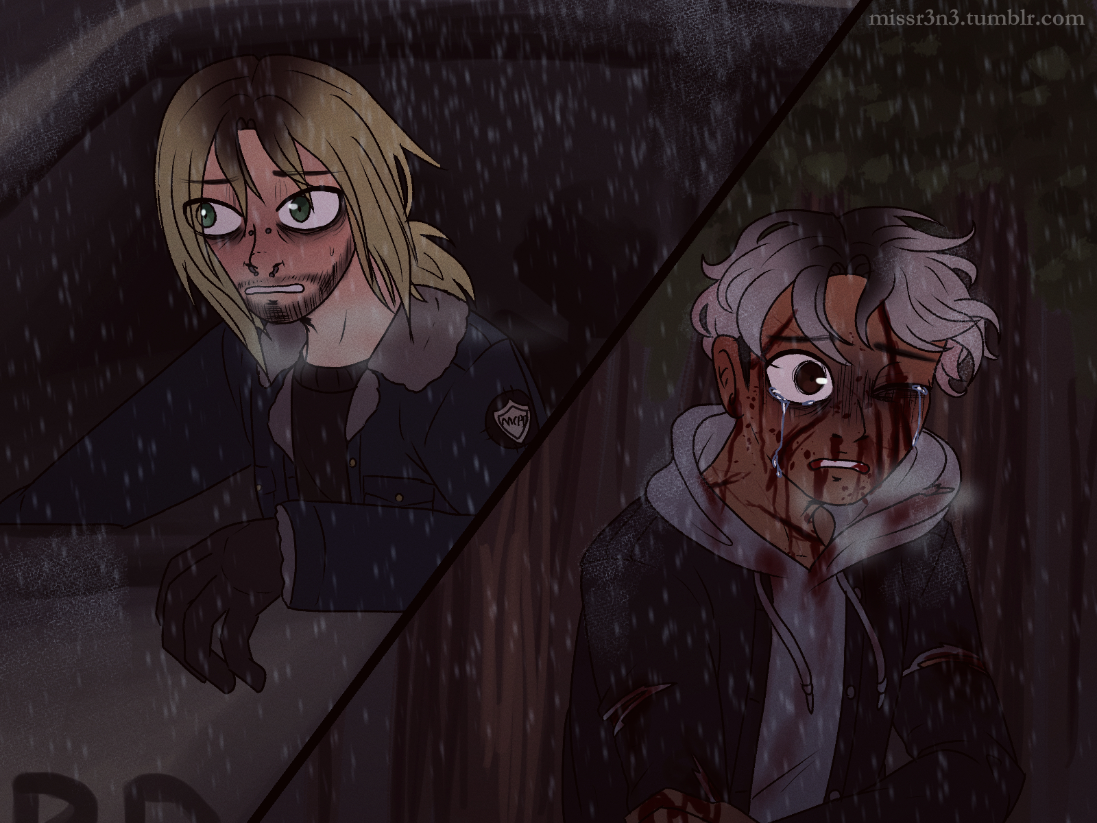 the left panel shows thatcher in his police car, staring ahead with concern through the snow. right panel shows jonah, his face cut up and covered in blood with tears in his eyes